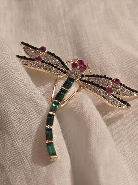 Gold-Tone Dragonfly Brooch with Green, Pink and Black Crystals